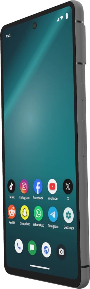 Our phone model turned to the left, showing its home screen