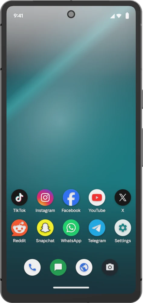 Our phone model straight on, showing its home screen