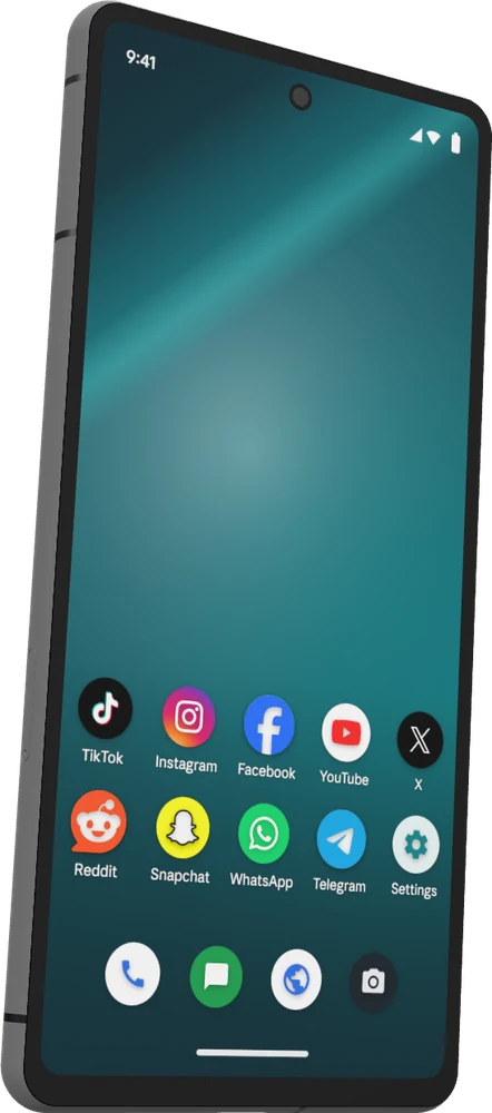 Our phone model turned to the right, showing its home screen