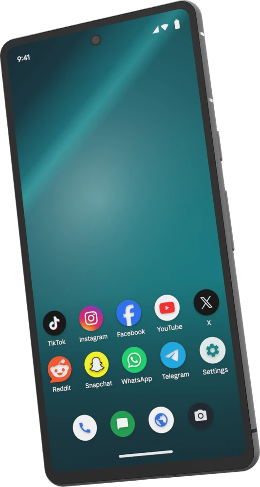 Our phone model from the front, its home screen showing TikTok, Instagram and other apps
